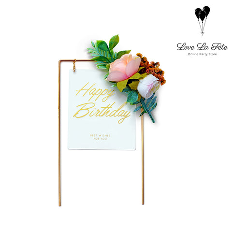 Floral Happy Birthday White Sign - Cake Topper
